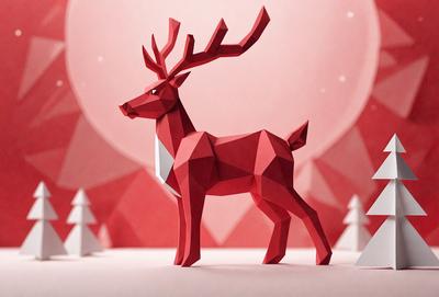 The primary subject of the image is a red paper cutout of a reindeer. The setting is a red background, which creates a striking contrast with the reindeer. The visual style is a combination of digital art and illustration, as the paper cutout is created with a digital design. The colors and mood of the image are predominantly red, which adds a festive and warm atmosphere to the scene.